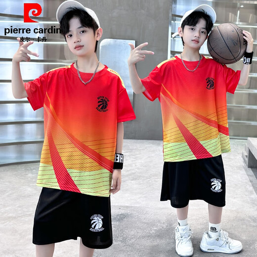 Pierre cardin boys basketball suit summer thin 2025 new mid-large children sports summer suit children's short-sleeved quick-drying clothes blue-9905 short-sleeved suit 120