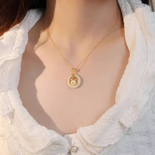 Fanzheshi Genuine Hetian Jade 18K Gold Necklace for Women Light Luxury Twelve Zodiac Pendants Valentine's Day Birthday Gift for Girlfriend 18K Gold Ruyi Jade Horse Peace Buckle Necklace
