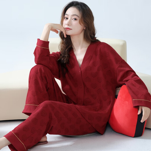 大红睡衣女款结婚新婚春秋款纯棉套装秋冬季喜庆本命年V领家居服 W9754套装 M 70-90斤