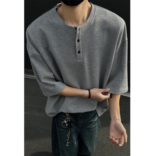 至唯华夫格亨利领短袖t恤男生春夏季潮流牌宽松百搭半袖T体恤衫衣服男 黑色 L 【推荐110-130斤】