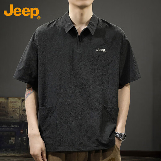 吉普（JEEP）短袖T恤男士凉感polo衫男潮牌宽松半拉链速干上衣服男装 黑色 2XL