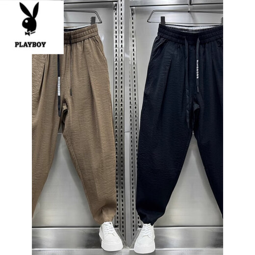 花花公子（PLAYBOY）夏季薄款棉麻休闲裤男冰丝垂感哈伦裤2025新款炸街宽松九分萝卜裤 咖色 XL 建议130-150斤