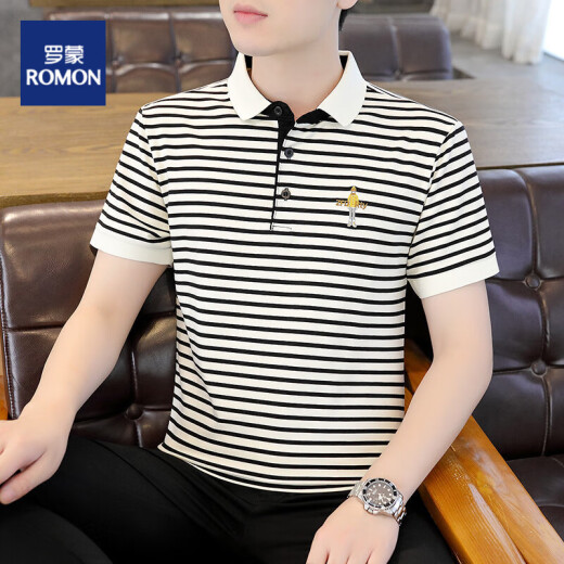 ROMON striped shirt men's short-sleeved polo shirt slim ice silk T-shirt summer long-sleeved shirt trendy short-sleeved T-shirt men's 5012 black 3XL