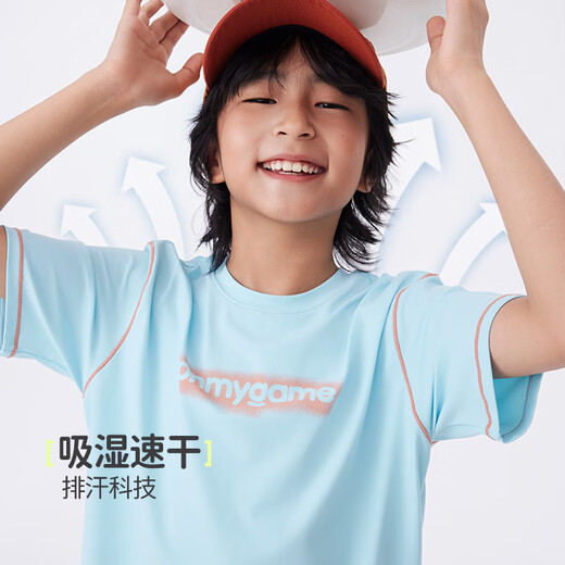 Onmygame sun protection quick-drying boys' sports short-sleeved cool summer new moisture-wicking children's T-shirt dark night black top + recycled gray pants 140