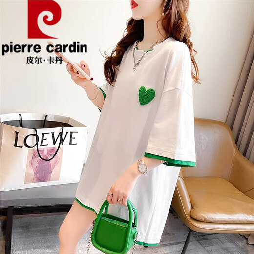 Pierre Cardin Sommer zweiteiliger kurzärmeligter T-Shirt für Frauen mit reinem Baumwoll locker gestickte Top-Design mit mittlerer Länge Trendy großer Größe 1502 weiß bedrucktes Baumwoll 2xl 165-190jin [Jin entspricht 0,5 kg]