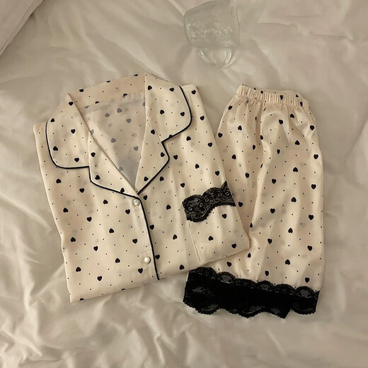 单南卫韩系感冰丝春夏季薄款睡衣女爱心开衫可外穿家居服女套装批发 LW-9214# M 【建议80-100斤】