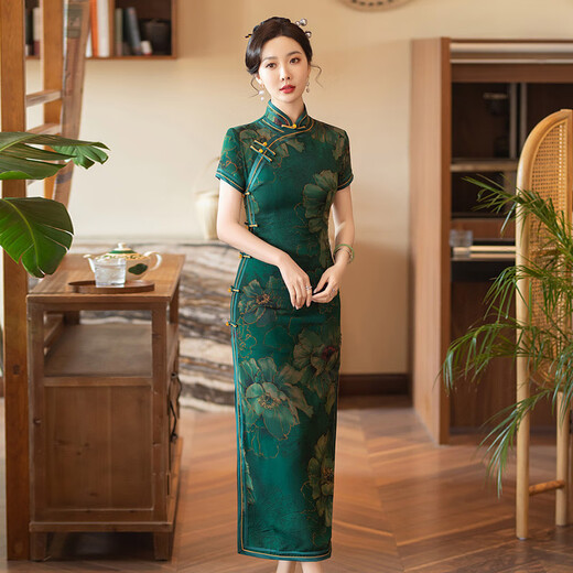 康美诗绿色国风长款改良旗袍2025新款女中式复古修身气质妈妈装日常可穿 17060红 2XL