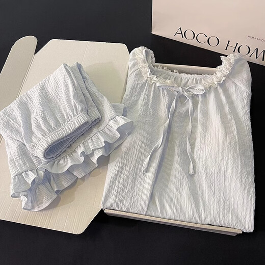 Also, pajamas with chest pads for women, short-sleeved thin style, can be worn outside 2025 new high-end simple solid color home clothing set HY682LA light blue XL