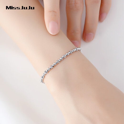 Miss JuJu pt950 platinum starlight bead bracelet for women, new platinum sparkling poppy bead bracelet, weight 8.7-8.9g, length 16+3cm+ blue silk gift box