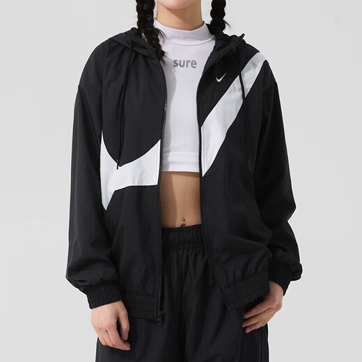 耐克（NIKE）女子大勾撞色运动套装 2025夏季跑步健身训练服潮流时尚休闲衣裤 聚酯纤维 黑白连帽夹克外套 上装 M