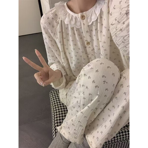 荣西图（RONGXITU）云朵棉睡衣女长袖长裤宽松大码家居服套装 826#蓝竖条花朵 170 M