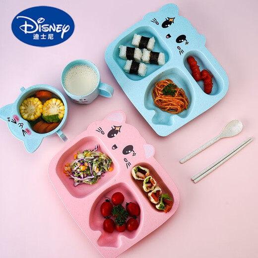 迪士尼（Disney）卡通小麦秸秆儿童餐具五件套儿童学生分格餐盘家用吃饭勺筷套装 粉色【餐盘】