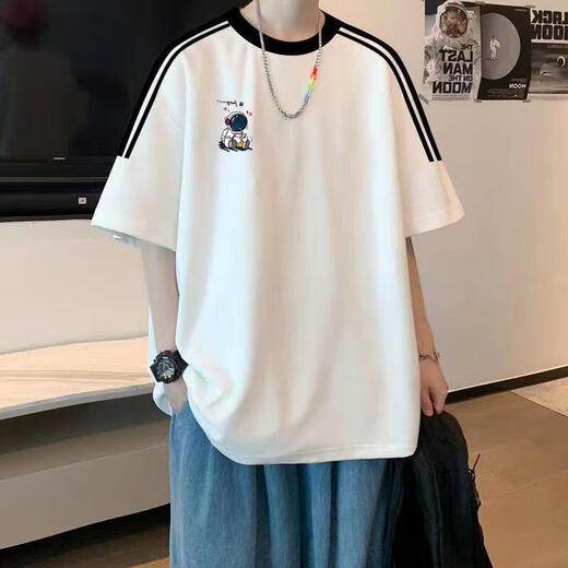 Ruishike three-pole trendy brand men's short-sleeved T-shirt men's summer 2025 new loose junior high school student tops 3895*Wasp white M 80-120Jin Jin equals 0.5 kg
