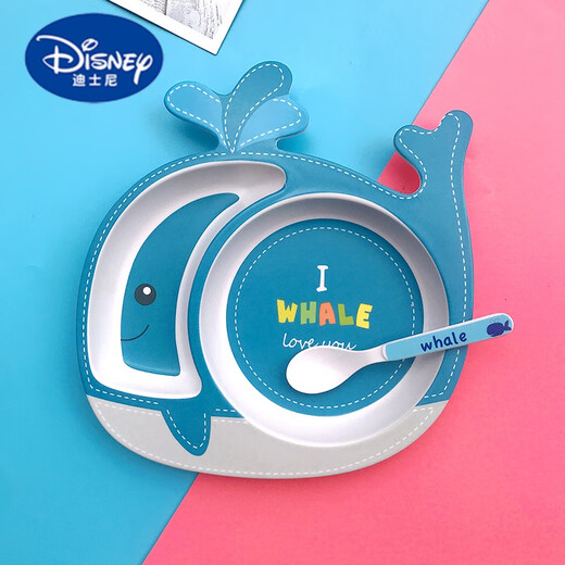 迪士尼（Disney）可爱竹纤维儿童餐盘套装婴儿孩子学吃饭卡通分格宝宝餐具盘碗防烫 08蓝猪【盘+勺】划算款