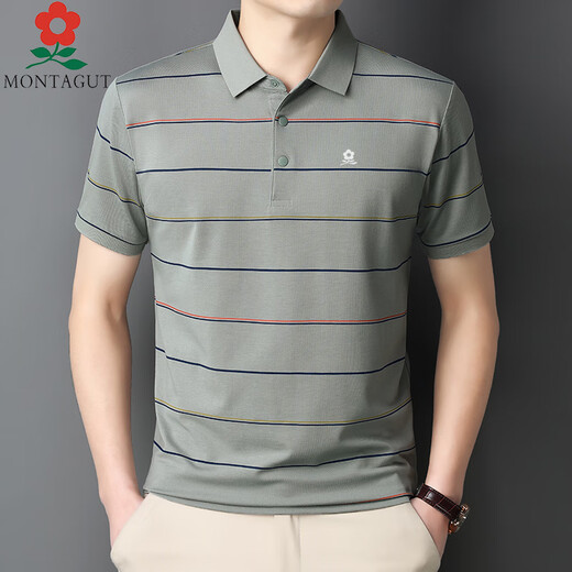 Mengtejiao Summer Mulberry Silk Camiseta de media manga de la media del traje de mediana edad de la solapa rayada Polo 723 Baolan M 165 [sugerido 100-115 Jin [Jin equivale a 0.5 kg]]]