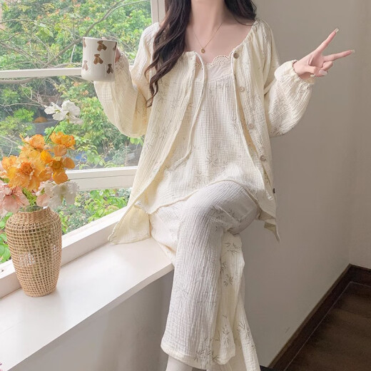 梦特娇（MONTAGUT）云朵棉睡衣女春秋季长袖吊带三件套可爱树叶纯欲风家居服2025新款 tfn#f9928 均码 m建议75-95斤
