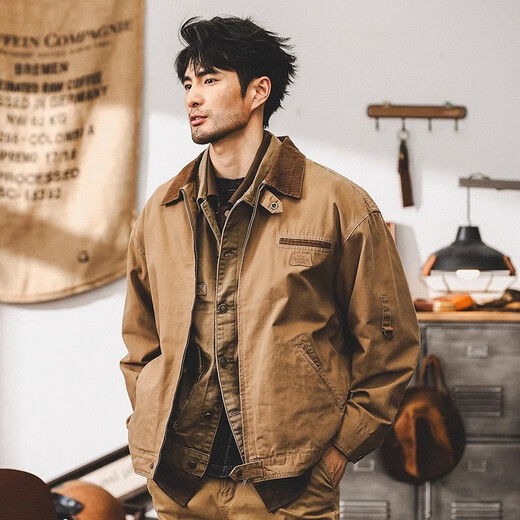 Jay Leno American Retro Detroit Jacket Men's Autumn Trendy Brand Tough Guy Workwear Ami Khaki Vintage Jacket Men's Spring and Autumn Style Khaki Cotton 100% M Suitable for 115-130 Jin Jin equals 0.5 kg