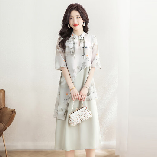 Sibaishe New Chinese Dress 2025 Summer New Women's Chinese Style Elegant Temperament Spliced ​​A-line Skirt