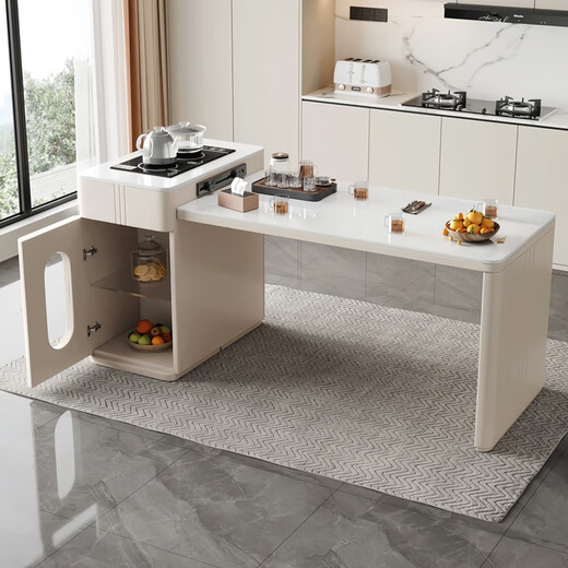 Fashidu cream style slate island dining table integrated 2025 new hot style retractable small-sized household multi-functional tea table tea stove style bull socket island table + 2 chairs 1 meter telescopic total length 105-125cm