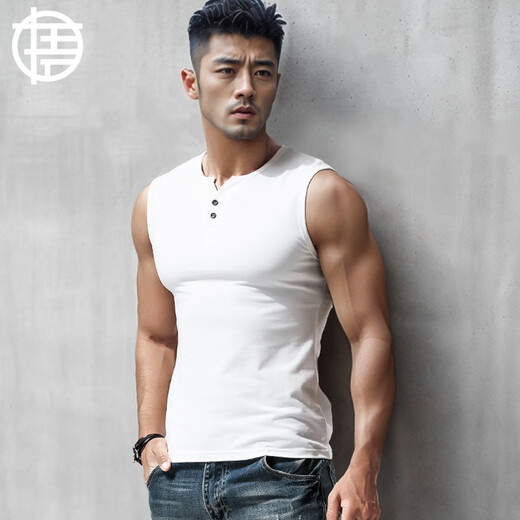 Enlightenment Henry collar sleeveless t-shirt men's broad shoulder vest solid color cotton bottoming tight slim sports waistcoat summer Henry shirt white M (100-125Jin Jin equals 0.5kg) slim