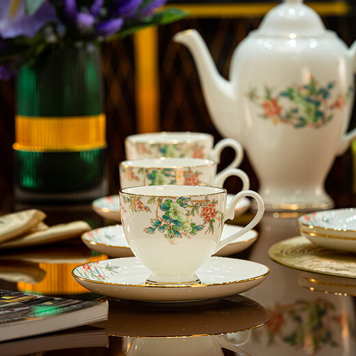 Jingqiu underglaze color high-end water set Jingdezhen high temperature bone china tea set water cup kettle complete set household gift box underglaze color flowery water set 13 pieces