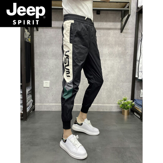 Jeep Spirit Summer Summer Seda delgada Seda de secado rápido Pantalones casuales para hombres Pantalones deportivos elásticos delgados de nueve puntos Milk Seda Pequeñas Pantalones Harén Trendy Black D1225 28
