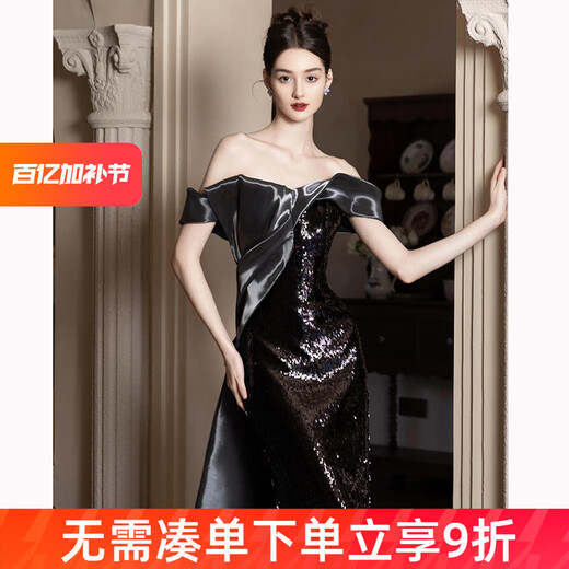 康美诗一字肩黑色晚礼服女宴会气质法式轻奢小众主持人鱼尾连衣裙礼 黑色 S