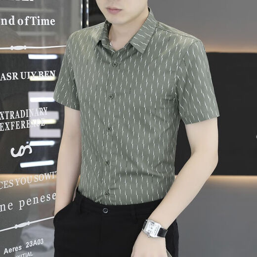 罗蒙条纹夏季冰丝潮流男士短袖免烫衬衫衬衣休闲商务薄款新款抗皱韩版 7029黑色 M  95-110斤