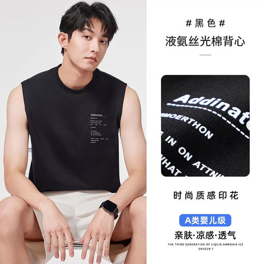 罗蒙无袖坎肩背心男T恤夏季薄款液氨丝光棉潮牌印花运动健身汗衫宽松 黑色 XL 【140-160斤】