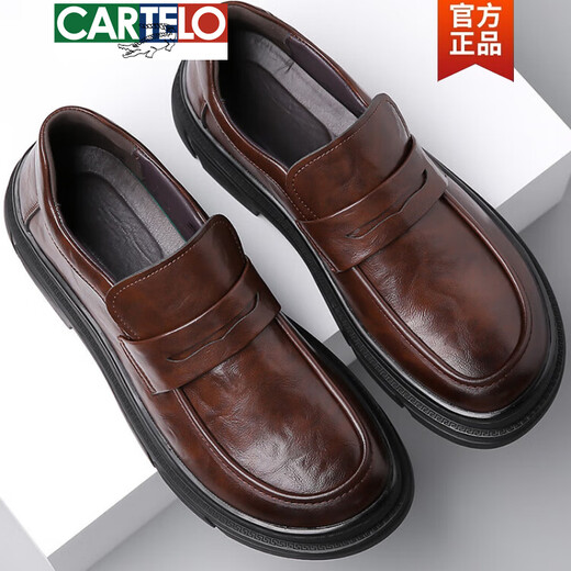 卡帝乐鳄鱼（CARTELO）无鞋带棕色男鞋春季款2025新款大头商务休闲皮鞋宗综色宽头乐福鞋 GX9923 黑色 38