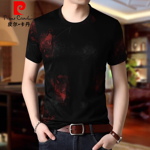 
Pierre cardin ice silk t-shirt men's short-sleeved summer new T-shirt round neck top men's burnt flower hollow domineering personality t-shirt blue 9767 XL 175