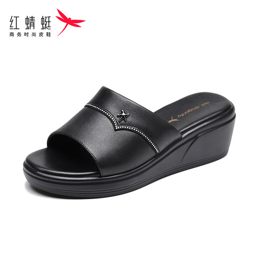 红蜻蜓拖鞋女厚底夏季真皮一字拖家居厚底增高水钻外穿皮拖鞋妈妈凉拖鞋 黑色（跟高6cm） 35