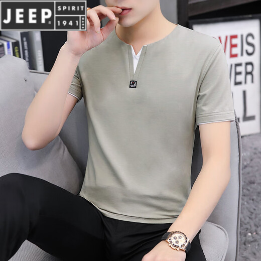 JEEP SPIRIT夏季新款男士短袖纯色修身鸡心领t恤棉质V领半袖凉感男生t恤潮牌 QY-694 V 领-黑色 XL 120-135斤