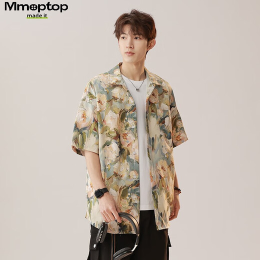 MMOPTOP THAI RETRO Floral Hemd Sommermänner Ice Seide Kühle atmungsaktive kurzärmelige Top MCS16 Sabah Aprikose L.