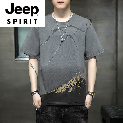 JEEP SPIRIT高档品牌短袖t恤男士纯棉衣服2025新款夏季时尚潮牌休闲体恤男装 829灰色 3XL 【161-170斤】
