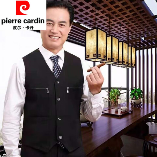皮尔卡丹（pierre cardin）中老年马甲男士春秋薄款西装马甲爸爸男中年休闲背心口袋坎肩外套 黑色 3XL 120-140斤