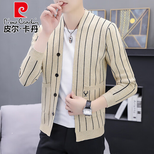 
Pierre cardin striped knitted cardigan men's 2025 spring new trend casual thin sweater jacket men's short windbreaker 6630 khaki M