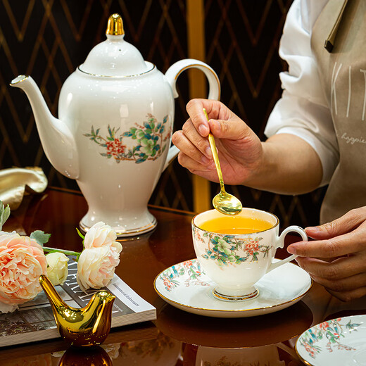 Jingqiu underglaze color high-end water set Jingdezhen high temperature bone china tea set water cup kettle complete set household gift box underglaze color flowery water set 13 pieces