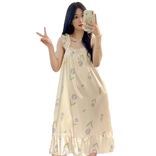 浪莎（LangSha）睡裙女夏季自带胸垫冰丝凉感吊带睡衣夏天女士甜美可爱家居服春秋 3887[不可拆胸垫] M [75-100斤]