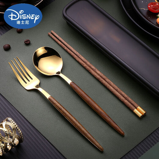 
Disney Student Portable Tableware Set Stainless Steel Chopsticks Spoon Fork Three-Piece Set Office Worker Travel Tableware Storage Box [Gold] Spoon + Chopsticks + Box