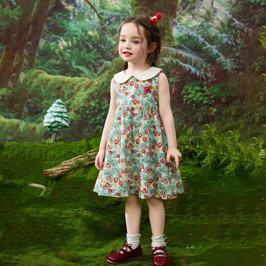 ASK JUNIOR森系婴幼裙子夏儿童娃娃领无袖背心裙女童草莓连衣裙 花色  100 