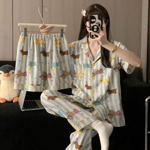 另约带胸垫一体睡衣女款夏季云朵棉短袖2025新款卡通腊肠狗大码三件套 H9929 眼镜狗 没有胸垫 L