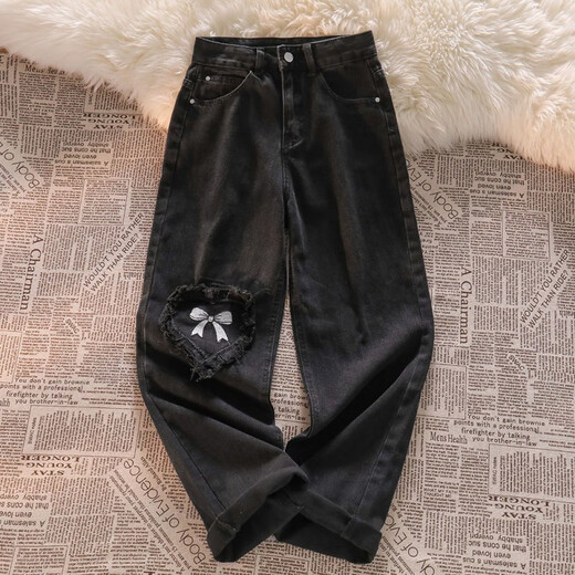Her style black love bow jeans for women spring and autumn new high waist design straight wide leg long pants trendy ins black pants XS