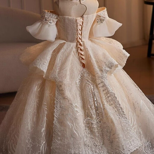 Pisces Kaninchen Kinderkinder kleines Mädchen Prinzessin Kleid Girls Hochzeitskleid Neue Pumpy Piano Flowers Host Birthday Beige 140
