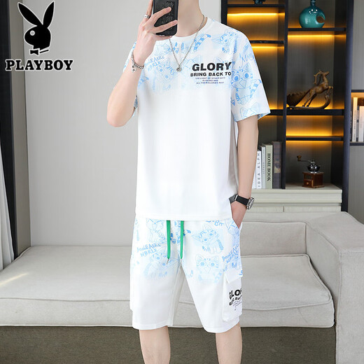 Playboy (PLAYBOY) 2025 summer new short-sleeved suit for men teenagers versatile shorts casual sports two-piece set gradient color men's clothing 6187 blue M