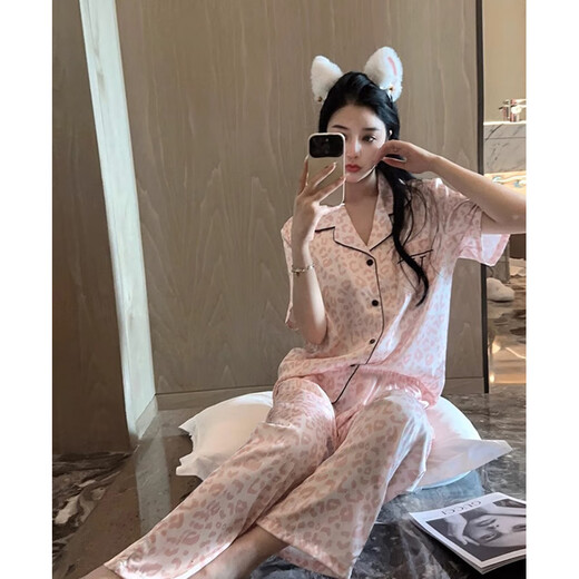 莫代尔睡衣夏天女网红ins高级感短袖长裤豹纹两件套韩版气质冰丝家居服 套YFY9905【面料】 L (建议100-120斤)