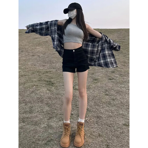 Yuyaman denim shorts women's outer wear summer shorts black high-waisted hot pants A-line shorts exposed buttocks tight hot girl sexy denim shorts M black