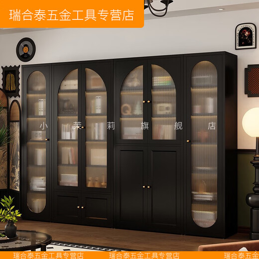 XMSJ升级法式复古钢制书柜带玻璃门客厅整墙组合柜子杂志柜落地书架展 优化黑色款式12200长80深35c3C