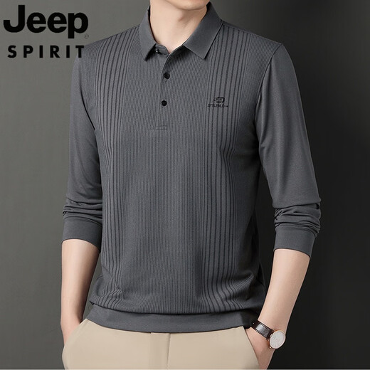 JEEP SPIRIT吉普春秋装条纹印花爸爸长袖T恤男棉翻领大码上衣中年男纯棉打底 826灰色 2XL 180/120(160-180斤)