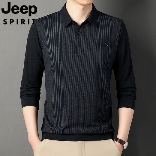 JEEP SPIRIT吉普春秋装条纹印花爸爸长袖T恤男棉翻领大码上衣中年男纯棉打底 826灰色 2XL 180/120(160-180斤)